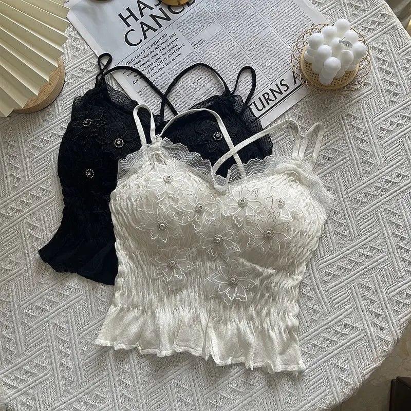 Summer Woman Clothes y2k Tops French Diamond Appliqué Camisole Bottoming Shirt Lace Crop Top Women's Folds Spaghetti Strap Tops