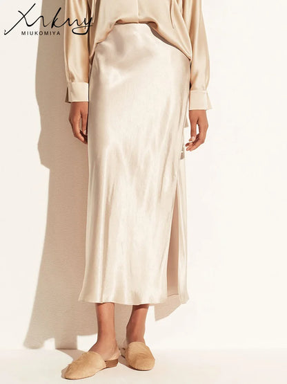 Long Satin Skirts For Women Summer High Quality Skirt With Slit On The Side Silk Elegant Black Maxi Luxury Women's Skirts 2025