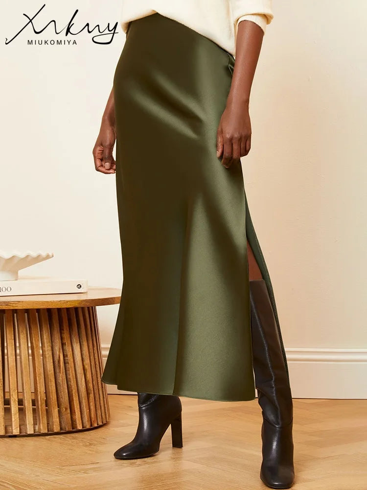 Long Satin Skirts For Women Summer High Quality Skirt With Slit On The Side Silk Elegant Black Maxi Luxury Women's Skirts 2025