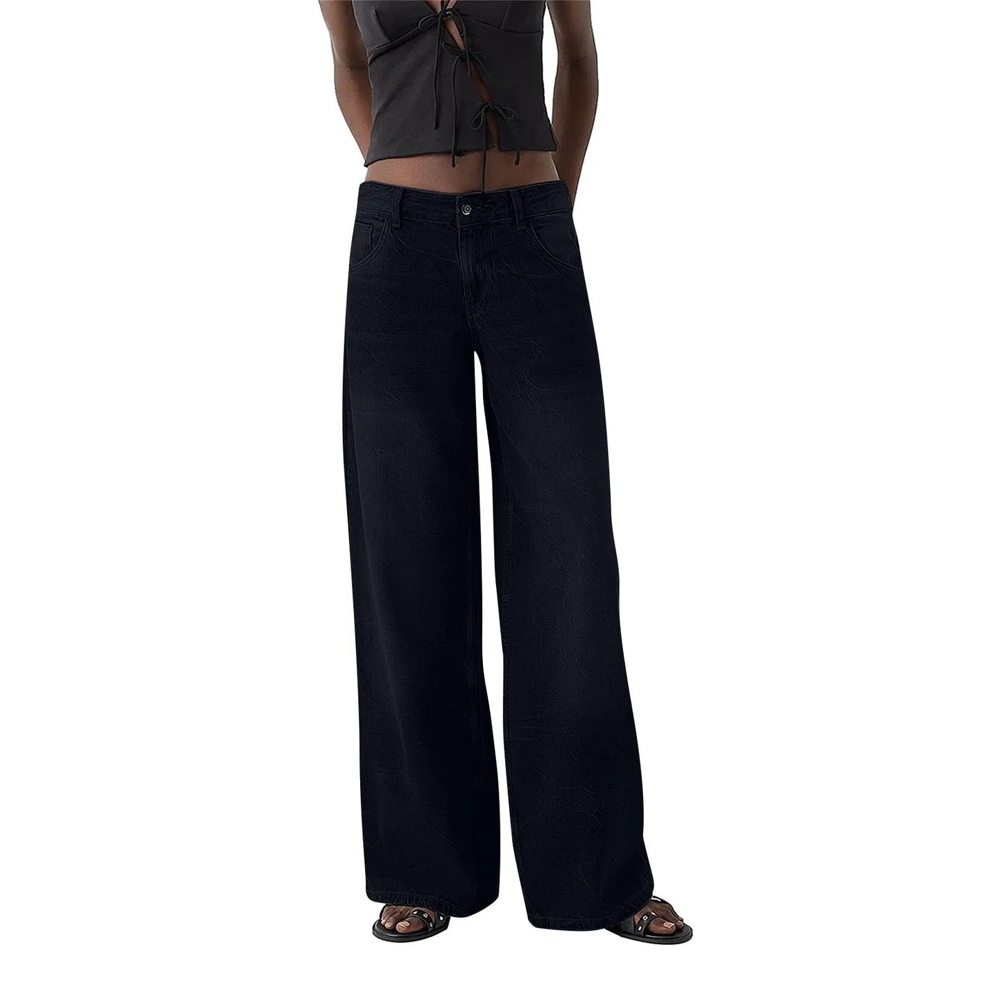 Women Fashion Denim Jeans Retro Ladies Loose Straight Pants Mid Waist Button Pocket Trousers Casual De Mujer Pantalon Femme