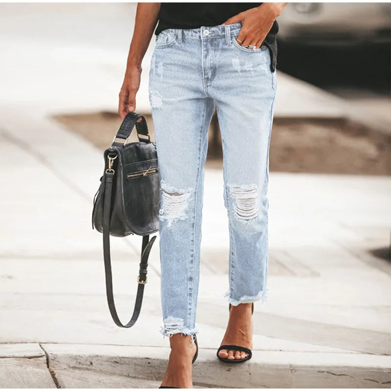 Women‘s Fashion Straight Jeans Casual High Waisted Washed Skinny Trousers Ripped Slim Pants For Lady Commuter 2025 Fashion Trend