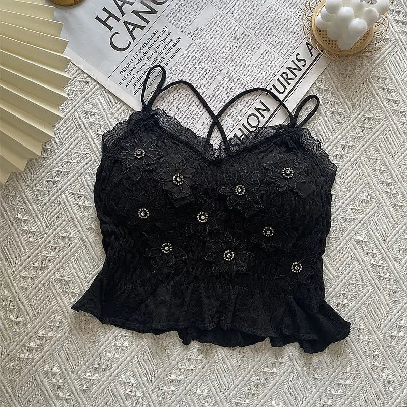 Summer Woman Clothes y2k Tops French Diamond Appliqué Camisole Bottoming Shirt Lace Crop Top Women's Folds Spaghetti Strap Tops