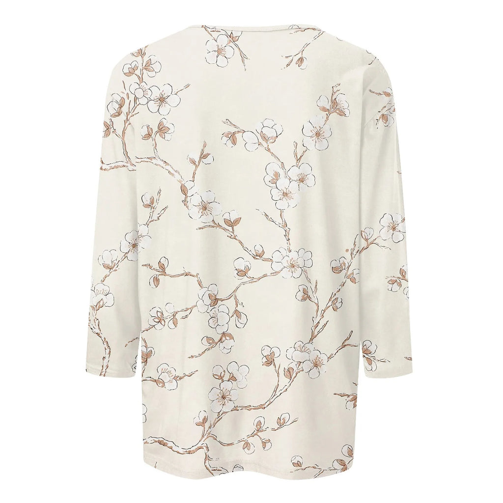 2024 Women Summer Tops Comfortable T Shirt Fashion Flower Print Round Neck 3/4 Sleeve Tops Soft Versatile Pullover Ropa De Mujer