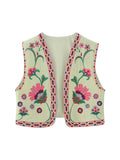 Women Vintage Embroidered Crop Vest Top Y2K Boho Floral Sleeveless Open Front Cardigan Flower Linen Vest Waistcoat Gilet Outwear