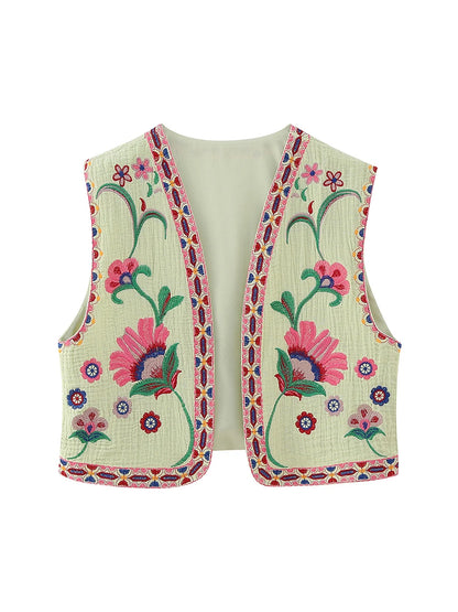 Women Vintage Embroidered Crop Vest Top Y2K Boho Floral Sleeveless Open Front Cardigan Flower Linen Vest Waistcoat Gilet Outwear