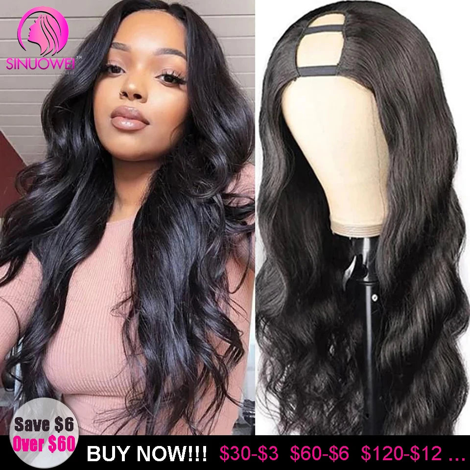 Sinuowei U V Part Wig Body Wave Human Hair Wigs For Women Brazilian No Glue 10-28 Inches Wavy Upgrade Wig Natural Black Wigs
