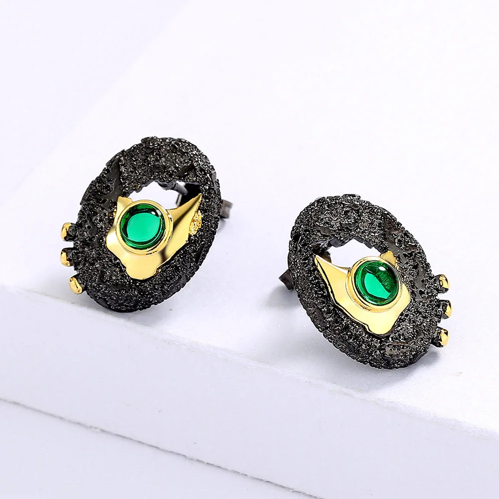 Earrings for Women Round Black Gold-Color Hollow Inlaid Green Crystal Jewelry Creative Birthday Gift  brincos