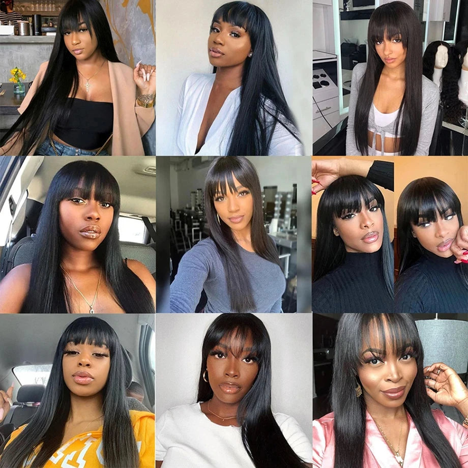 Wig With Bangs Bone Straight Human Hair Wigs For Women Brazilian Natural Cheap Full Machine Made Wigs 22 24 Inch Long Wig
