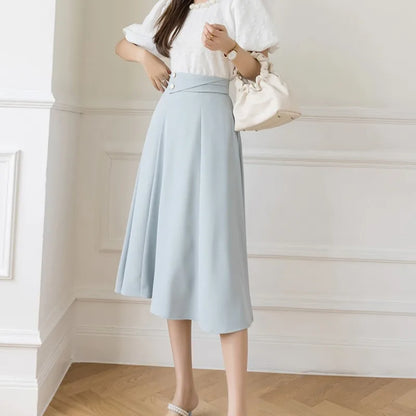Women's Skirts High Waist Sweet Girl's Mid-calf Skirt Solid Skirts for Women Vintage Long Fashion 2023 Kawaii Summer Women Skirt