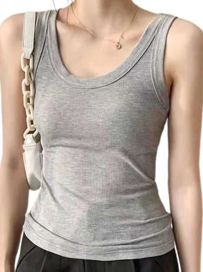 Women Square Collar Wide Straps Fitness Sexy Knitted Tank Top Camisole Solid Color Breathable Cool Vest Summer Trend Tops Female