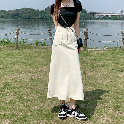 Apricot Denim Skirt Summer Women's 2024 New High Waist Slim Fashion Design Pocket Hip A-line Ankle-length Jean Skirt