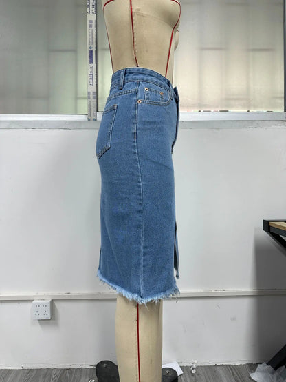 Fashion Midi Cotton Denim Skirt Women 2024 Casual Slim High Waist Asymmetrical Blue Jean Skirts Y2k Faldas Elegant