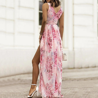 Dresses For Women Evening Dress Printed V Neck Sleeveless Dress Beach Vacation Chiffon Evening Party Long High Slit Dress