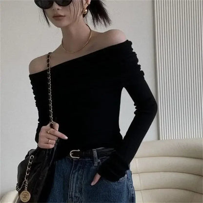 Women Sexy Tops Off Shoulder Long Sleeve Knitted T-shirt Solid Elegant Autumn Winter New Spicy Girl Slim Fit Short Red Crop Top