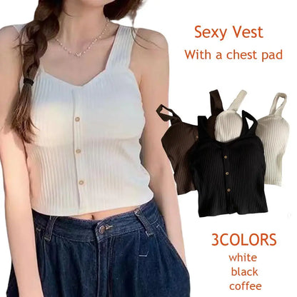 Woman's Top With Built In Bra Button Padded Bra Lady's Top Strap Vest Tank Top Summer Girls Cute Women Casual Female Camisole