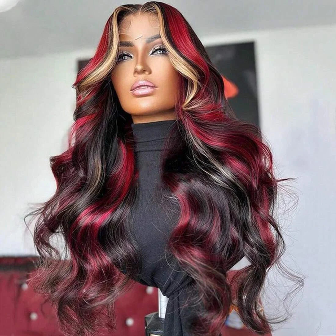 Highlight 5x5 Glueless Wigs Human Hair Pre Plucked Pre Cut Black Hair With Red blonde highlight Body Wave Wigs Human Hair 200%
