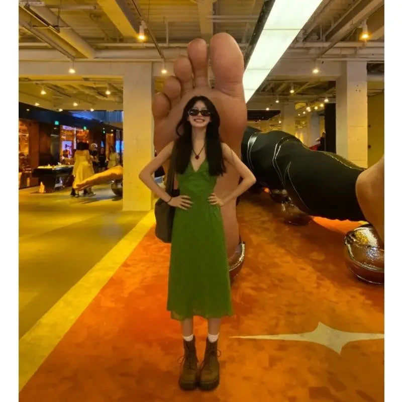 Elegant Green Print Dresses for Women V-neck Sleeveless Vintage Robe Femme 2025 Vestidos De Mujer Slim Waist Sexy Summer Dress