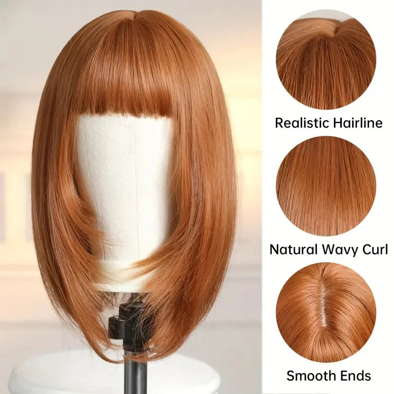 16in Vibrant Orange Straight Synthetic Wig with Bangs -Heat Resistant, Natural Look for Women, Perfect for Daily Wear & Parties