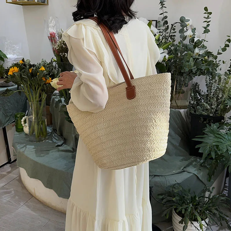 Women Braided Basket Clutches Top-handle Bag Large Straw Portable Shoulder Bag Summer Beach Party Purses Shopper Satchel Female