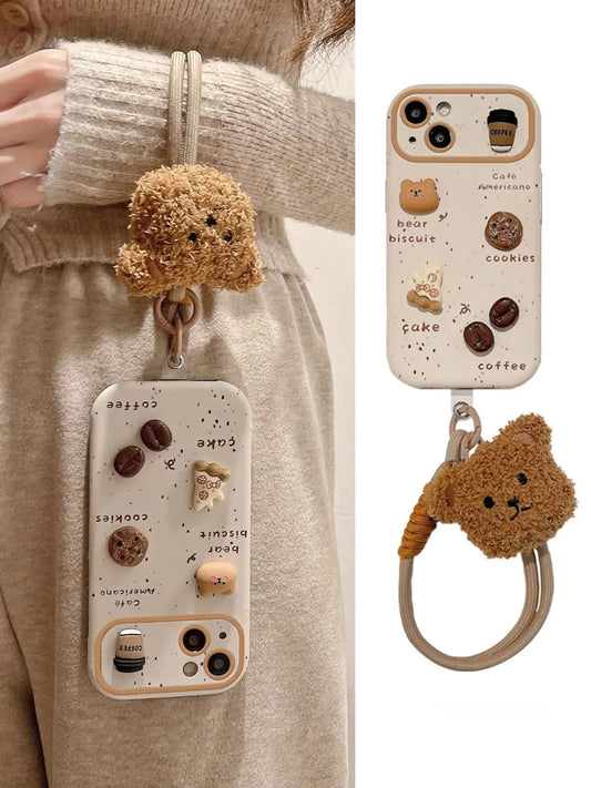Cute Bear Coffee Phone Case, for IPhone 11 15 14 13 12 Pro Max 15Pro 14Pro Shockproof Silicone Cover ,with Lanyard Full Cases
