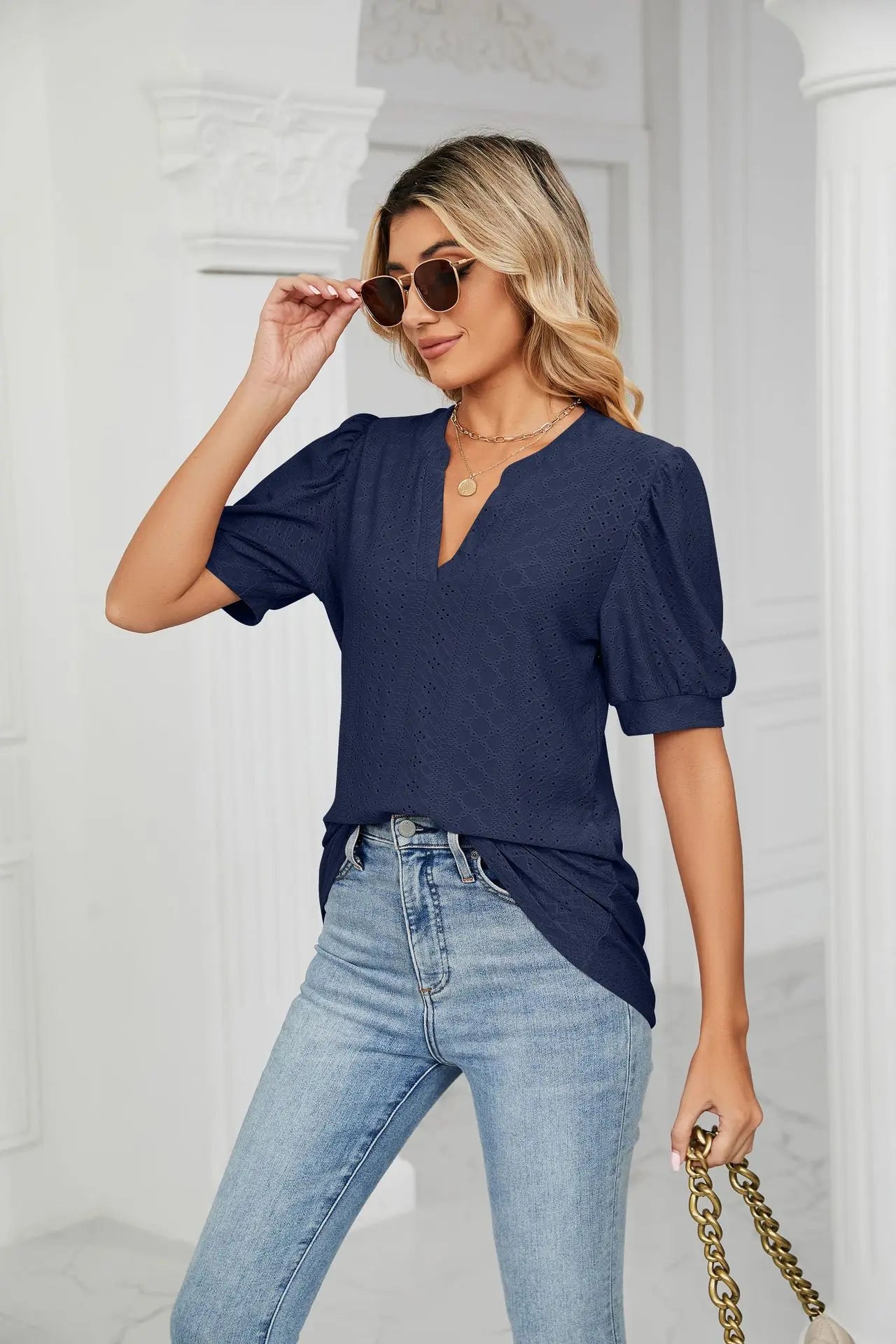 Womens Tops V Neck Ruffle Sleeve Blouses Short Sleeve Casual Tops T-Shirts for Women Autumn Winter