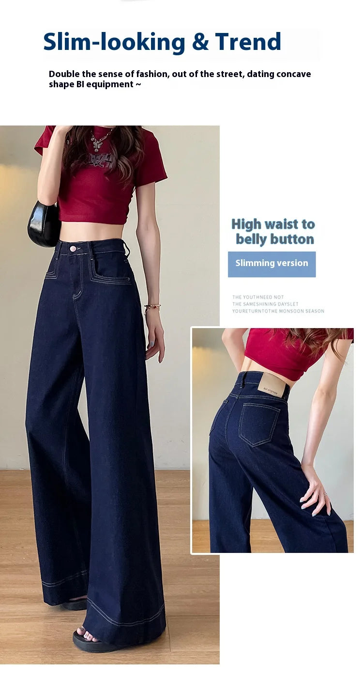 Women's New Jeans Dark Blue Wide Leg Loose Jeans Female Spring and Fall New High-Waisted Loose Straight Jeans Wide Leg Pants