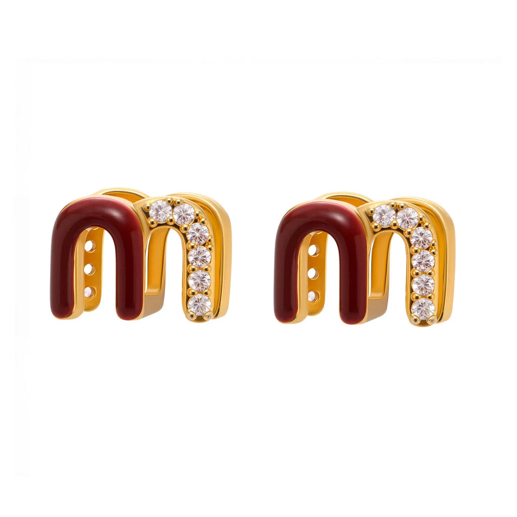 Wine Red Enamel Earrings For Women Copper Gold Plated Trendy Female Ear Studs Girls Charming Jewelry