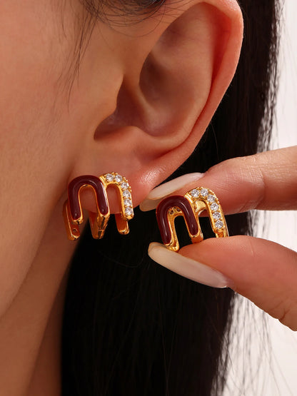 Modern Red Enamel Earrings For Women Copper Gold Plated Female Ear Studs Girls Charming Daily Jewelry
