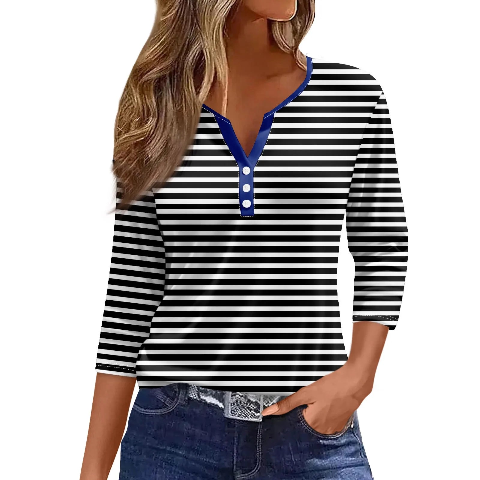 Tops For Women Women'S T Shirt Tee Print Button 3/4 Sleeve Daily Weekend Fashion Basic V Neck Regular Top Ropa De Mujer New