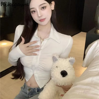 White Blouse for Women Turndown Collar Tunic Folds Temperament Crop Tops 2025 Blusas Mujer De Moda Fashion Sexy Shirts Blouses