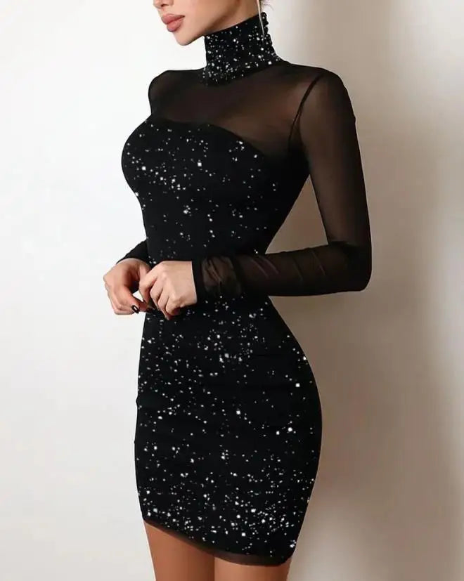 Evening Dresses for Women 2022 New Elegant Sexy Party Wedding Guest Glitter Contrast Lace Cutout Long Sleeve Bodycon Mini Dress