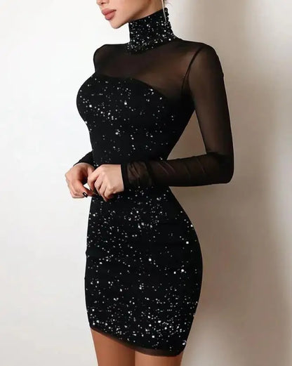Evening Dresses for Women 2022 New Elegant Sexy Party Wedding Guest Glitter Contrast Lace Cutout Long Sleeve Bodycon Mini Dress