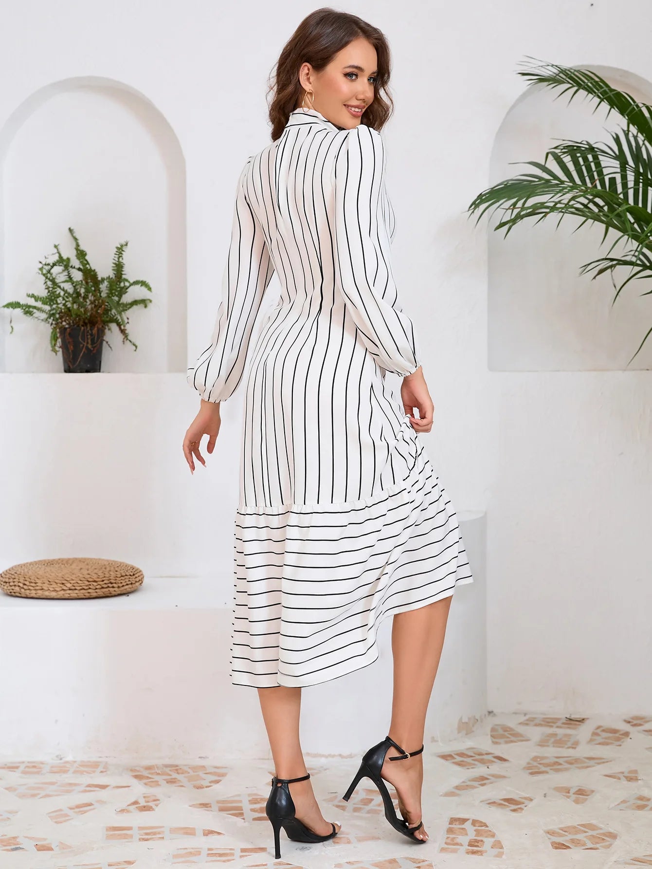 Women's Dresses Formal Fashion Office Lady Professional High-end Stand-up Collar Thin Striped Party Dress Vestidos De Mujer