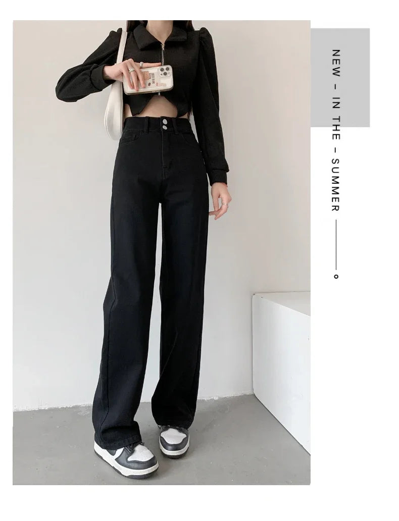 Women's Jeans Autumn High Waist Loose Straight Denim Pants Black Blue Fashion Korean Street Stretch Soft Comfortable Trousers