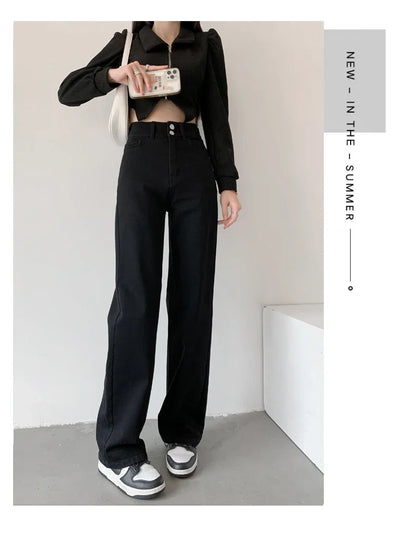 Women's Jeans Autumn High Waist Loose Straight Denim Pants Black Blue Fashion Korean Street Stretch Soft Comfortable Trousers
