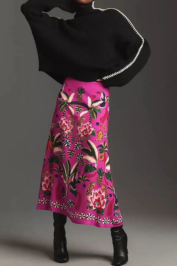 Women Skirts 2024 Spring Summer Vintage Streetwear Ladies Casual Floral Printed Long Skirts Elastic Waist Female Midi Skirts