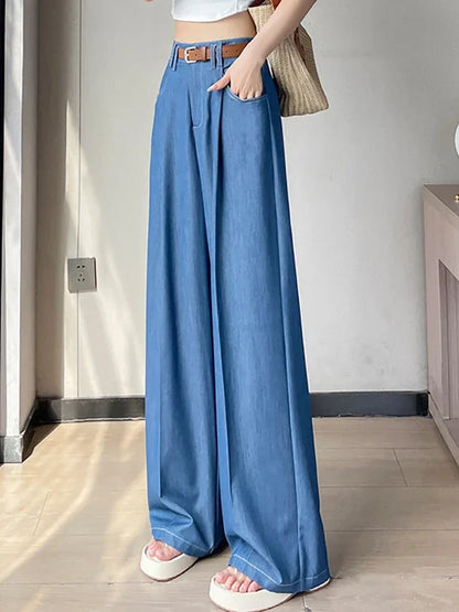Women's Casual Basic Style Tencel Soft Ice Silk High Waisted Straight Jeans Female Commute Wide-Leg Light Blue Jeans