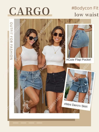 Women Cargo Skirt Denim Mini Low Waist Y2K Jean Skirts with Pockets