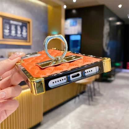 Elegant PU Leather Phone Case For iPhone 16 Pro Max Luxury Square Cases For iPhone 15 14 11 Pro 12 13 Mini XR X Max Back Cover