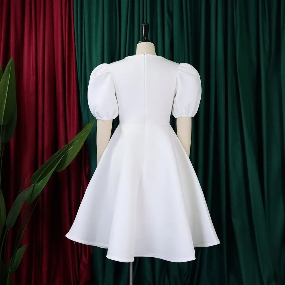 Elegant Dresses for Woman 2024 O Neck Short Sleeve High Waisted Pleated Mid Calf Luxury Female Birthday Party Dinner Vestidos