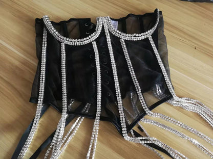 Women Tunic Bras In Waist Corset Tops Fashion Diamond Luxury Diamond Tassel Corset Slim Vest Sexy Tmesh Sheer Top Female 2025