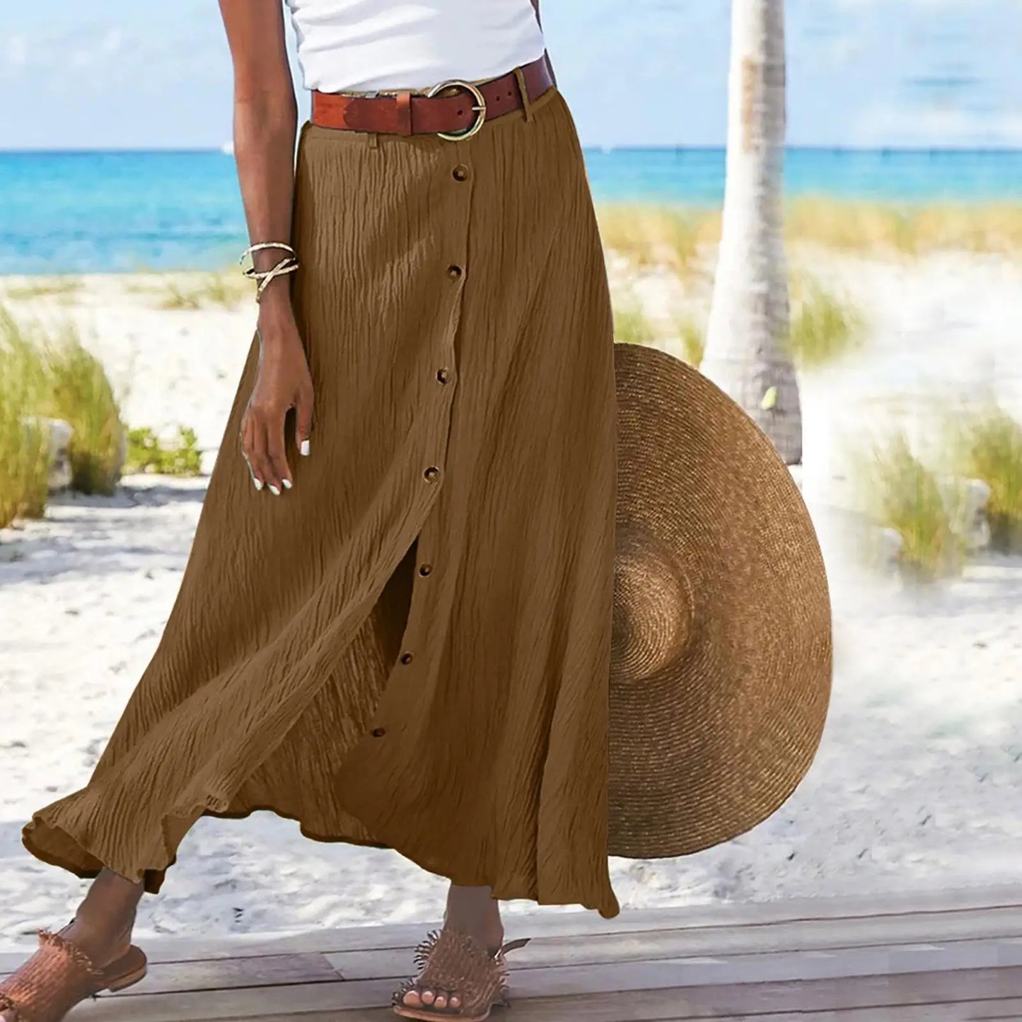 Women Skirt 2025 Spring Summer New Fashion Casual Cotton And Linen Solid Color Buttons Skirt Split A- Line Hip Waist Long Skirt