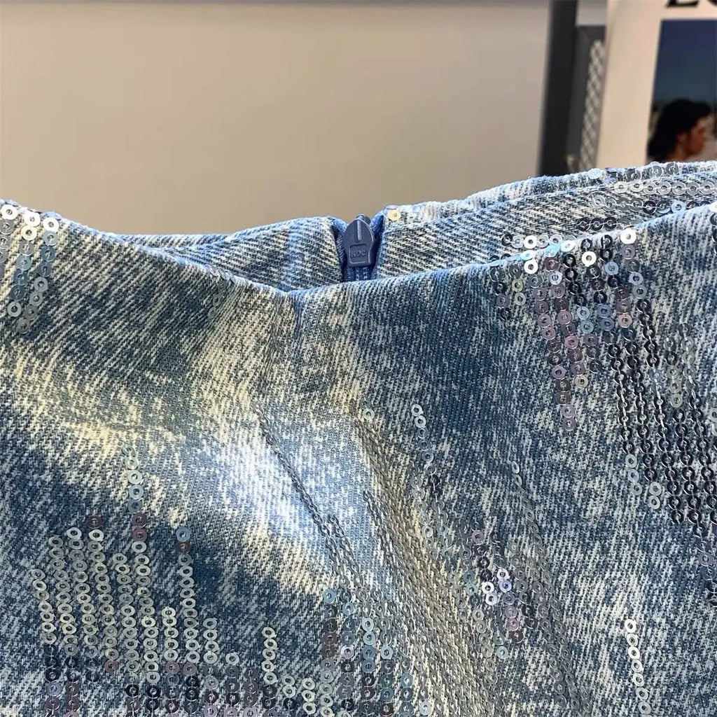 Blue Sequin Denim Skirt Jupe Femme Short Skirts for Women Korean Fashion Faldas Mujer Moda Spring Summer Y2k 2025 Casual High