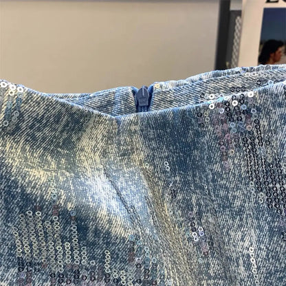 Blue Sequin Denim Skirt Jupe Femme Short Skirts for Women Korean Fashion Faldas Mujer Moda Spring Summer Y2k 2025 Casual High