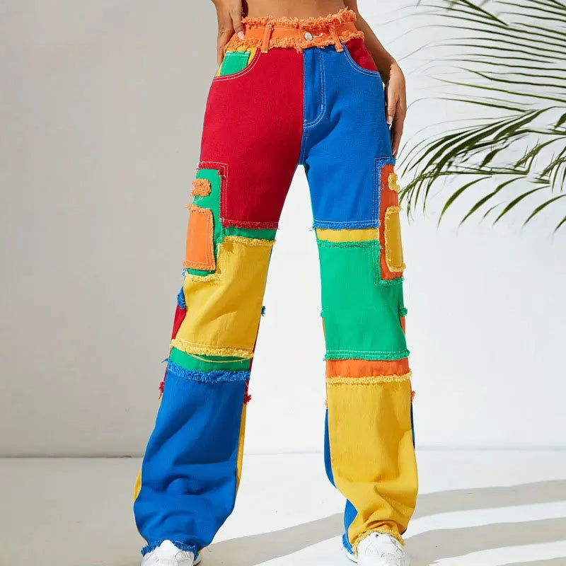 Women's Colorful Jeans Personality Street Pants Slim Fashion Color-blocked Street Corner Horn Jeans for Girls Stage Show Style
