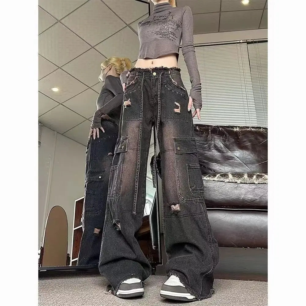 Women Clothing Black Gothic Jeans Pink Cross Y2k Oversize Loose Aesthetic Denim Trousers Harajuku Korean 2000s Jean Trashy Pants