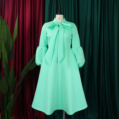 Elegant Dresses for Women Bow Collar Full Sleeve High Waisted A Line Mid Calf Luxury Female Birthday Party Dinner Vestidos Mujer