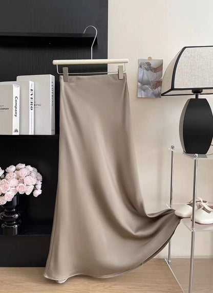 Long Skirts for Women High-waisted Thin Satin Acetate Silky Fishtail Skirt Korean Fashion Clothing Elegant Women's A-line Skirt