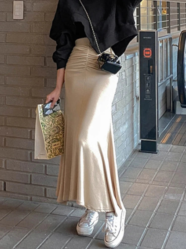 Shirring Satin Skirts for Women High Waisted Skirt 2025 Women A-Line Elegant Skirts Summer Pink Midi Skirt New Korean Style