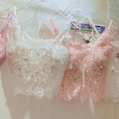 Women Clothing Heavy Beading Floral Tank Sexy Crop Tops Ropa Mujer Lace Butterfly Top Navel Baring Sexy Cropped Top Summer Camis